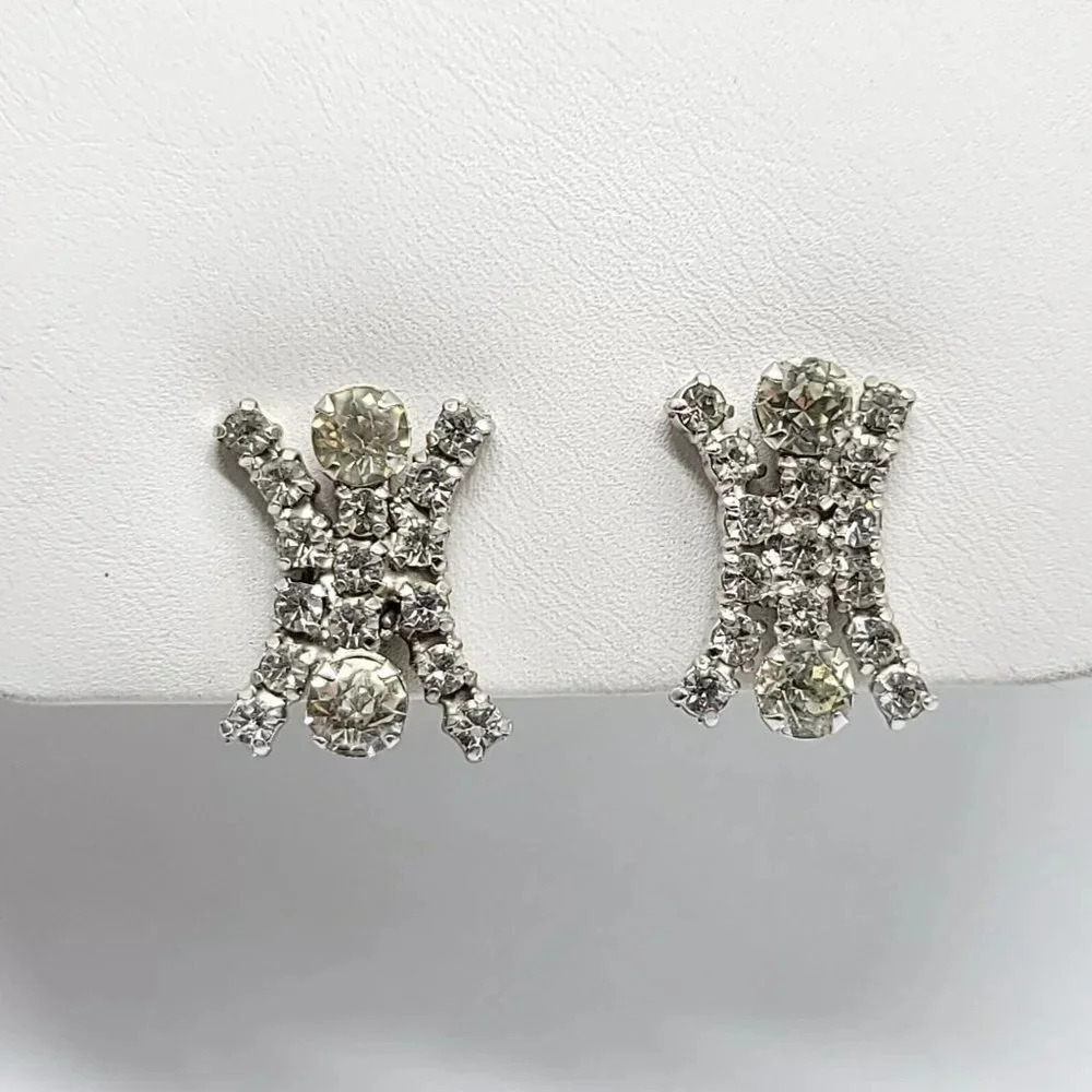 Silver Tone Clear Rhinestone 1940s Screw Back Earrings Vintage